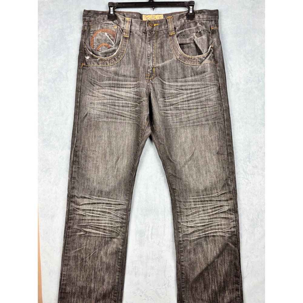 Indigo Thirty Mens Embroidered Straight Leg Jeans Dark Wash Gray 36x34